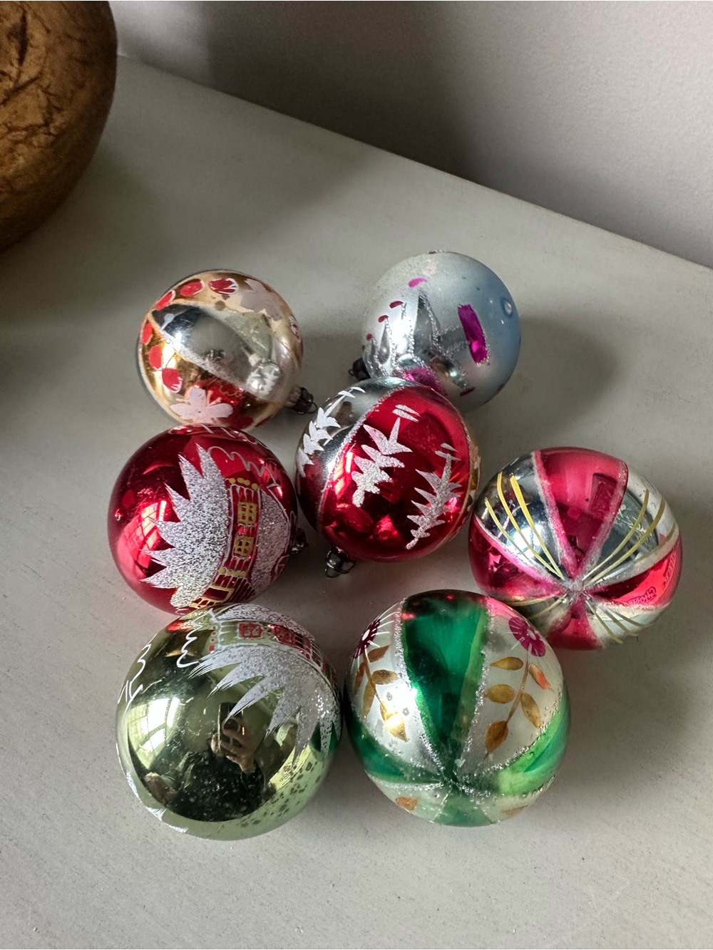 Antique Poland glass stenciled Christmas ornaments log cabins tree flowers lot